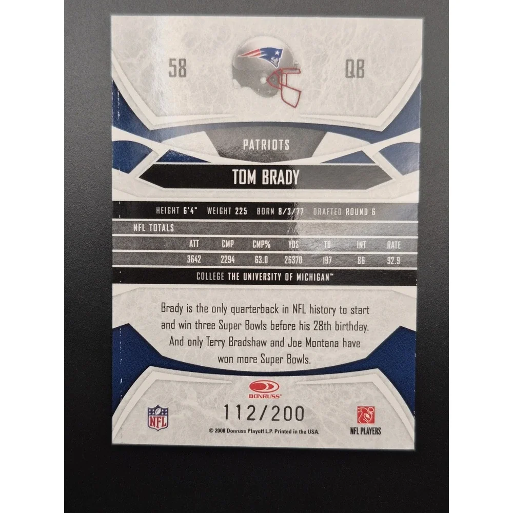 2008 Donruss Gridiron Gear Tom Brady #58 Gold Holifoil 112/200 Patriots